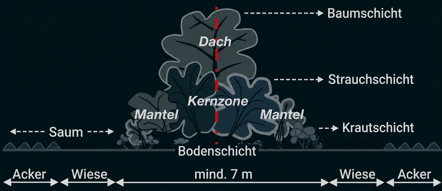 Schematische Hecken-Querschnitt: Baum-, Strauch- und Krautschicht zwischen Acker und Wiese.